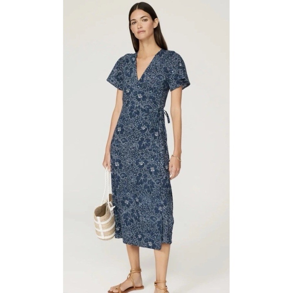 Marine Layer Emlyn Wrap Midi Dress Women Sz XS Boho Beach Blue Floral Coastal